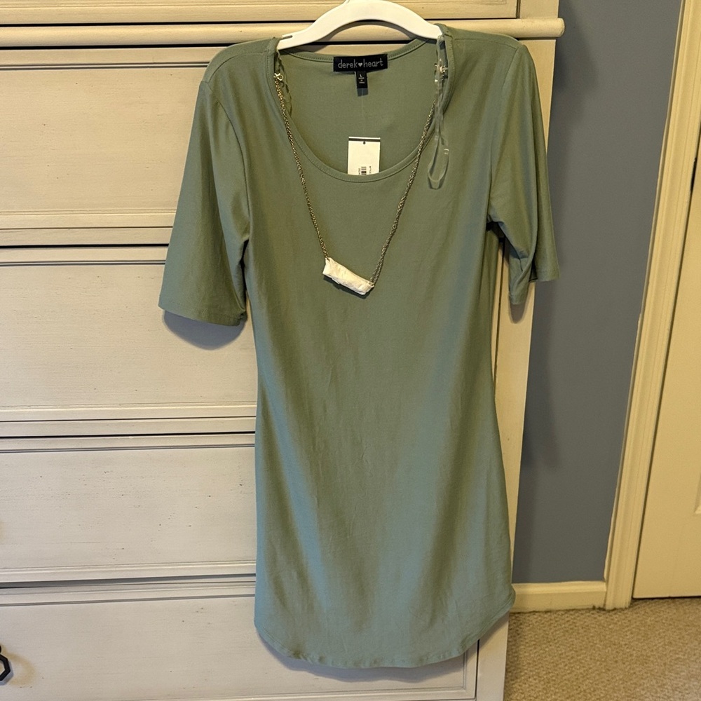 Derek Heart Sage Green Dress with Chain Accent